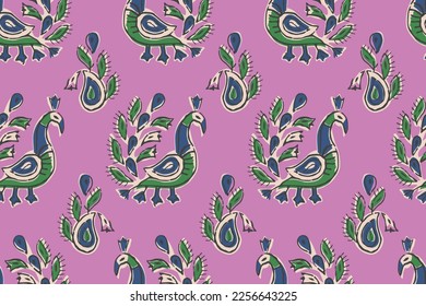 PEACOCK SEAMLESS PATTERN WITH IN BLOCK PRINT STYLE 