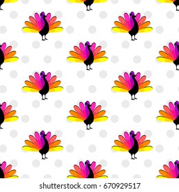 Peacock seamless pattern for girls, textile, clothes, wrapping paper. Bird repeated backdrop on white background and dots. 