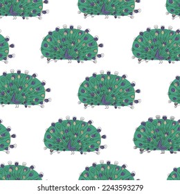 Peacock seamless vector pattern. Birds on blue background. Repeating design for wrapping paper, fabric, wallpaper, home decor