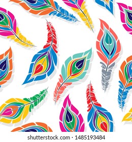 Peacock seamless vector pattern in colors over white background