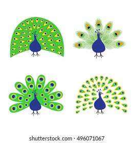 Peacock set. Feather out open tail. Beautiful Exotic tropical bird. Zoo animal collection. Cute cartoon character. Decoration element. Flat design. White background. Isolated. Vector illustration