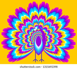 Peacock with сolorful shining tail. Optical illusion of movement.
