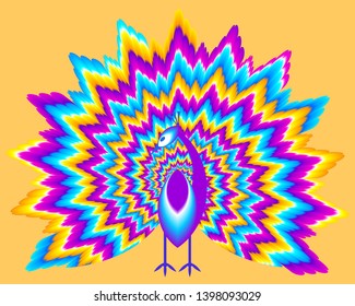 Peacock with сolorful shining tail. Optical illusion of movement.