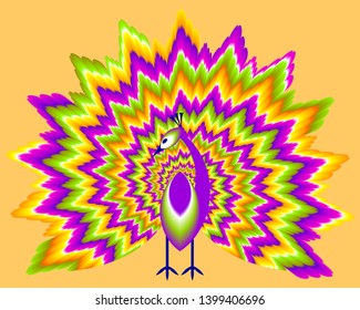 Peacock with сolorful shining tail. Optical illusion of movement.