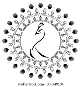 Peacock silhouette inside of circle with patterns