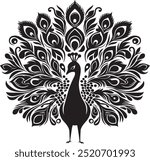 A Peacock Silhouette vector art illustration showcases the graceful outline of a peacock, highlighting its elegant feathers, monochromatic design ideal for creative projects.