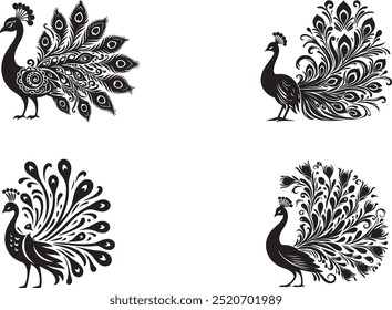 A Peacock Silhouette vector art illustration showcases the graceful outline of a peacock, highlighting its elegant feathers, monochromatic design ideal for creative projects.