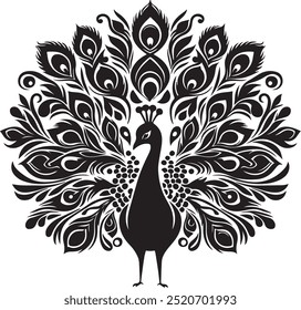 A Peacock Silhouette vector art illustration showcases the graceful outline of a peacock, highlighting its elegant feathers, monochromatic design ideal for creative projects.