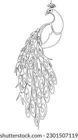 The peacock is sitting isolated on white background. One line continuous bird. Line art beautiful bird peacock, outline vector illustration.