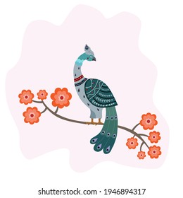 Peacock sitting on the blooming branch.
Cartoon vector clipart.