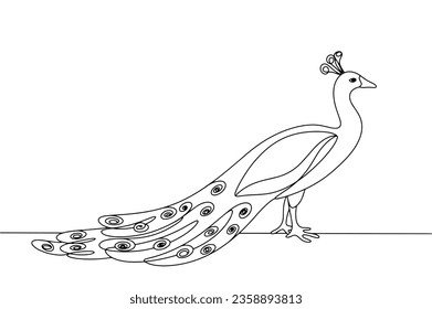 The peacock stands sideways. Breeding peacocks. A bird with a beautiful tail. World Farm Animals Day. One line drawing for different uses. Vector illustration.