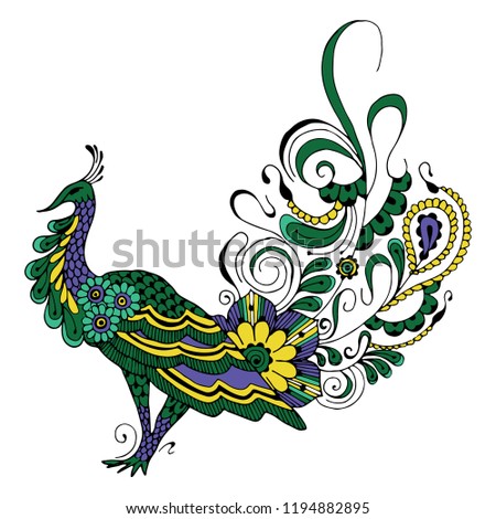 Peacock in the style of mehndi on a white background.