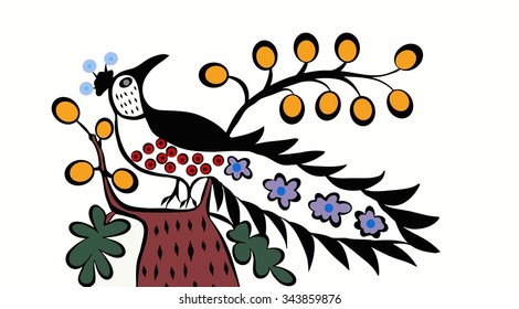 Peacock stylized in traditional folk style