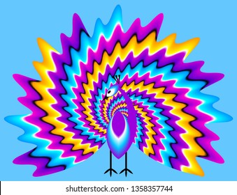 Peacock with сolorful tail. Optical expansion illusion.