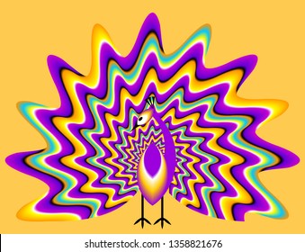 Peacock with сolorful tail. Optical expansion illusion.
