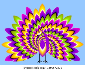 Peacock with сolorful tail. Optical expansion illusion.