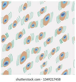 Peacock texture cute hand drawn seamless vector pattern. Light background. Sketch textile, wrapping paper, background, wallpaper, pattern fills, web page background. Vector illustration.