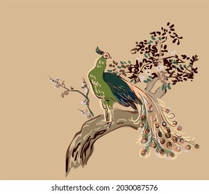 peacock vector card japanese chinese nature ink illustration engraved sketch traditional textured colorful