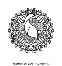 Peacock vector illustration in black and white For coloring book or print