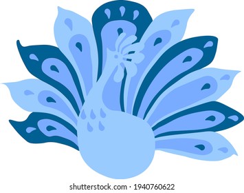 Peacock vector illustration in blue tones. Bird art illustration.