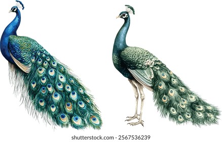  peacock vector illustration on white, colorful peacock vector set