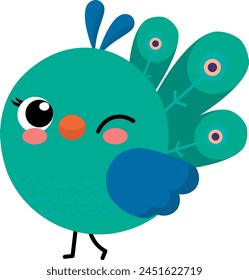 Peacock vector illustration, simple peacock drawing in green and blue tones