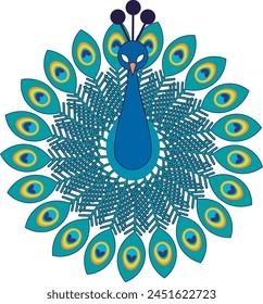 Peacock vector illustration, simple peacock drawing in green and blue tones