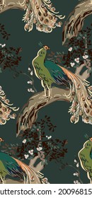 peacock vector japanese chinese nature ink illustration engraved sketch traditional textured seamless pattern colorful