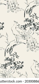 peacock vector japanese chinese nature ink illustration engraved sketch traditional textured seamless