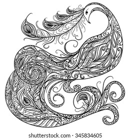 Peacock. Vintage fantasy bird with ornament. Black and white hand drawn vector illustration.