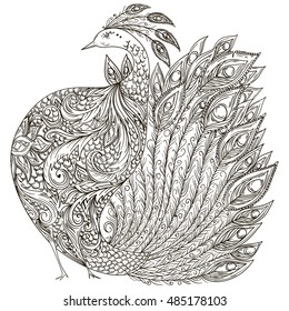 Peacock. Vintage fantasy bird with ornament. Black and white hand drawn vector illustration.