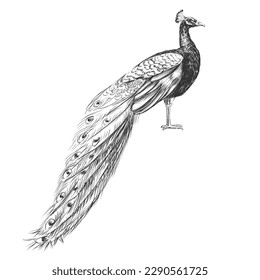 Peacock vintage vector sketch illustration.	