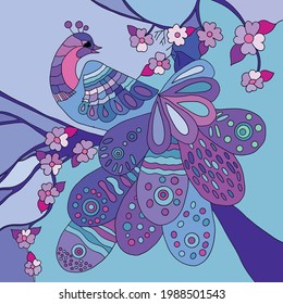 peacock in violet blue tones sitting on a branch with flowers, stained glass