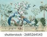 Peacock wallpaper illustrations.
Moroccan decorative wallpaper, palm tree, tropical plants illustration for wallpaper