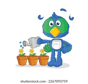 the peacock watering the flowers mascot. cartoon vector