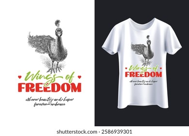 peacock, wings of freedom, graphic design, t-shirt design, fashion, apparel, clothing, bird illustration, freedom, beauty, hope, embrace, typography, inspirational, nature, wildlife, artistic, sketch