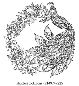 Peacock and wreath of flowers hand drawn for adult coloring book