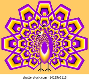 Peacock with yellow and purple tail in techno stylel. Motion illusion.