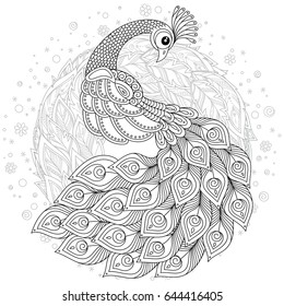Peacock in zentangle style. Adult antistress coloring page. Black and white hand drawn doodle for coloring book