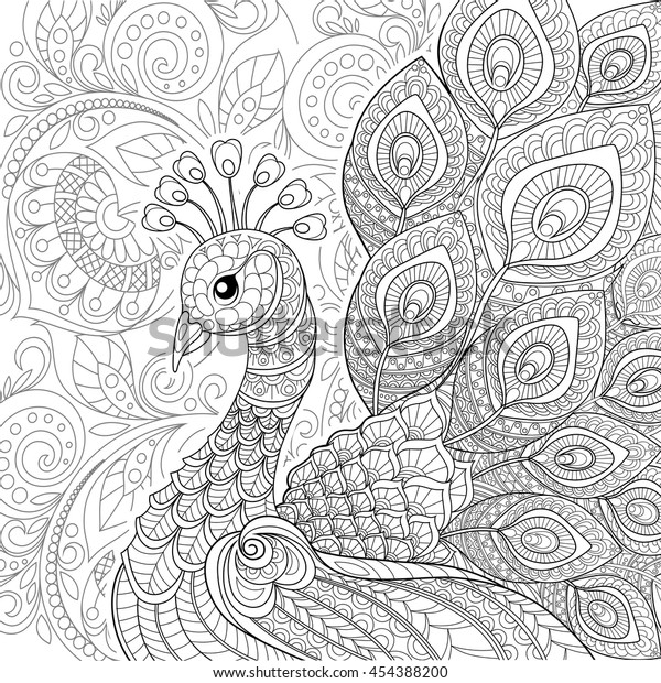 Zentangle Tarzinda Tavus Kusu Yetiskin Antistress Stok Vektor