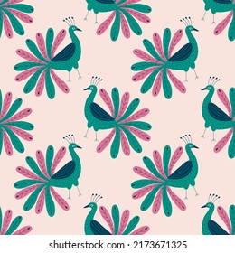 Peacocks with beautiful colorful tails hand drawn vector illustration. Cute peafowl bird in flat style seamless pattern for fabric or wallpaper.