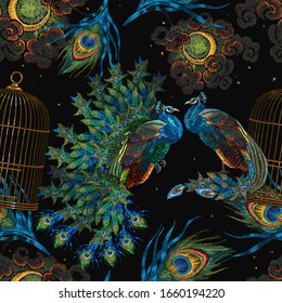 Peacocks birds, golden cage, moon and fethers. Magic fairy tale art. Embroidery seamless pattern. Fashionable template for design of clothes 