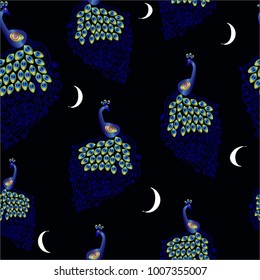peacocks with blue delicate rainbow tails and moons, eastern, exotic night, seamless pattern.