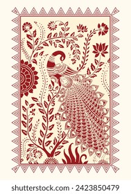 Peacock's Charm: Madhubani Painting of Nature's Beauty. Serene Nature Scene in Madhubani Style, Traditional Indian Art with Peacock, Vibrant Madhubani Peacock Illustration.