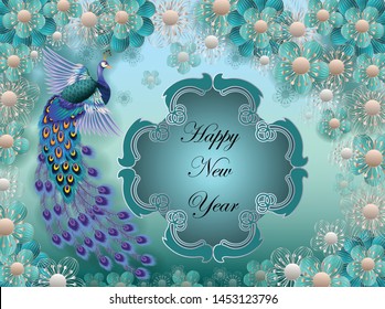 Peacocks Chinese styles and flowers With text Happy New Year on beautiful frames