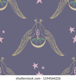 Peacocks facing each other in art deco seamless vector pattern. Art deco collection. Decorative, with leaves, gold crescent, stars, stylized flower. Textiles, invitations, cards, wedding, paper. 
