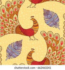 Peacocks and feathers seamless pattern in yellow