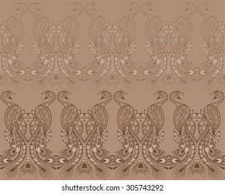 Peacocks in mehndi style, pattern with traditional indian ornamental design. Seamless pattern with peacocks for your design wallpapers, web page backgrounds, surface textures.