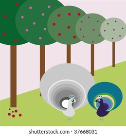 Peacocks on the hill. Vector illustration.