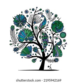 Peacocks on tree, ethnic style concept art for your design. Vector illustration